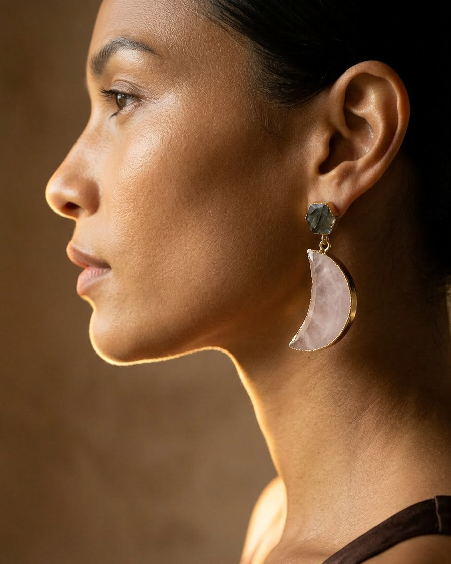 Aretes largos de Luna Cuarzo Rosa